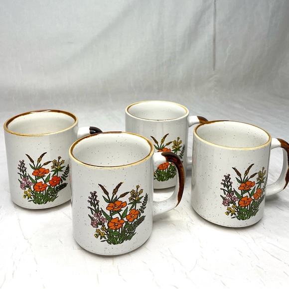 Vintage Takahashi Japanese Stoneware Flower Mugs With Speckled Glaze Set Of 4 - Picture 1 of 13